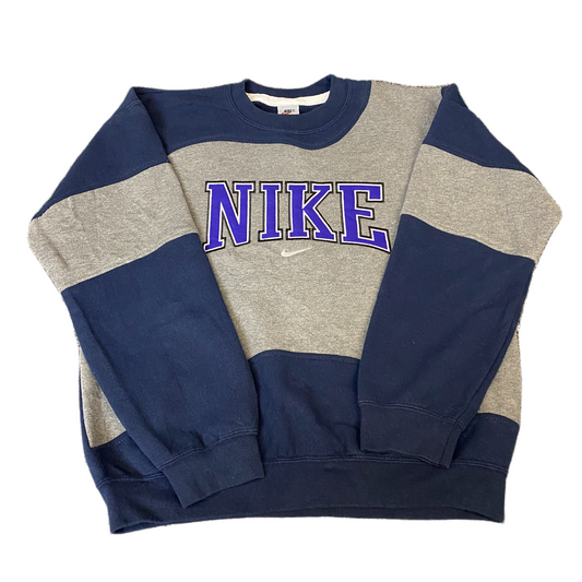 Nike Reworked Sweatshirt Mens M Grey Navy Embroidered Spellout Logo Vintage Y2K