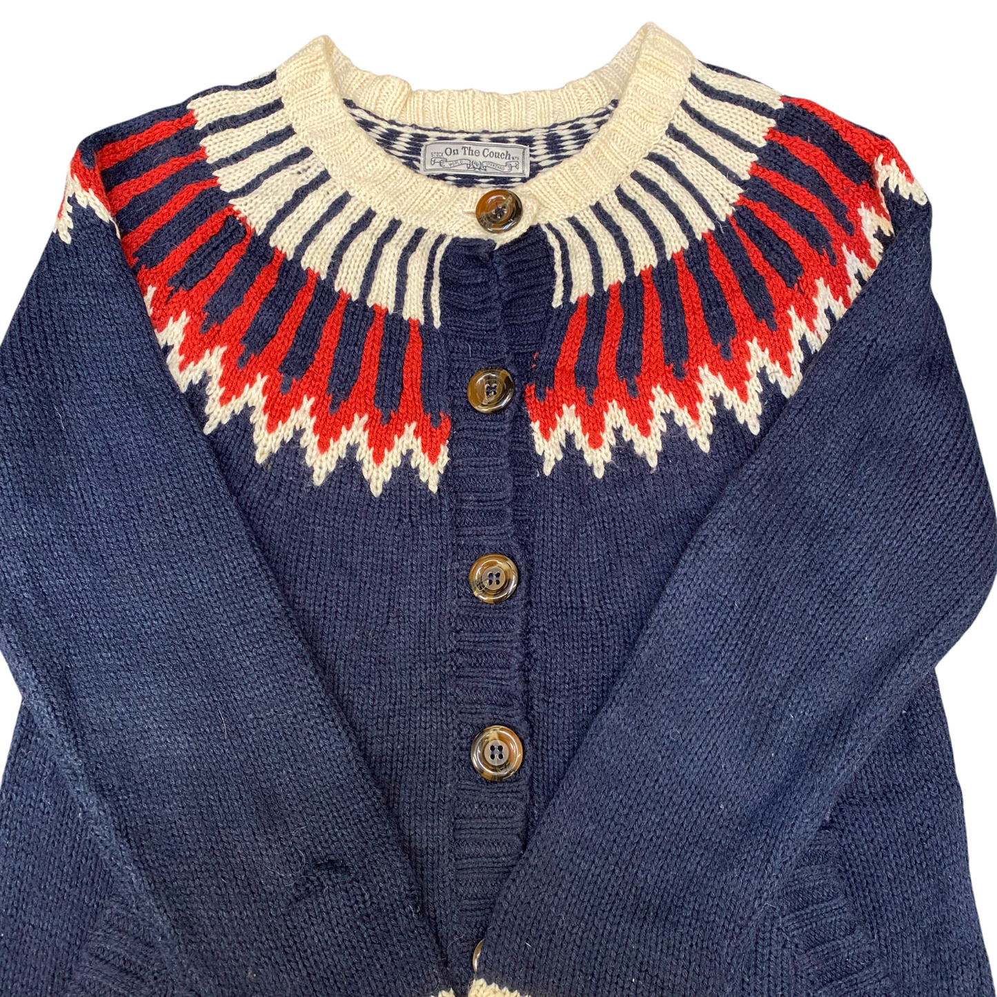 On The Couch Cardigan Womens Small Blue White Brown Fair Isle Knit Long Sleeve