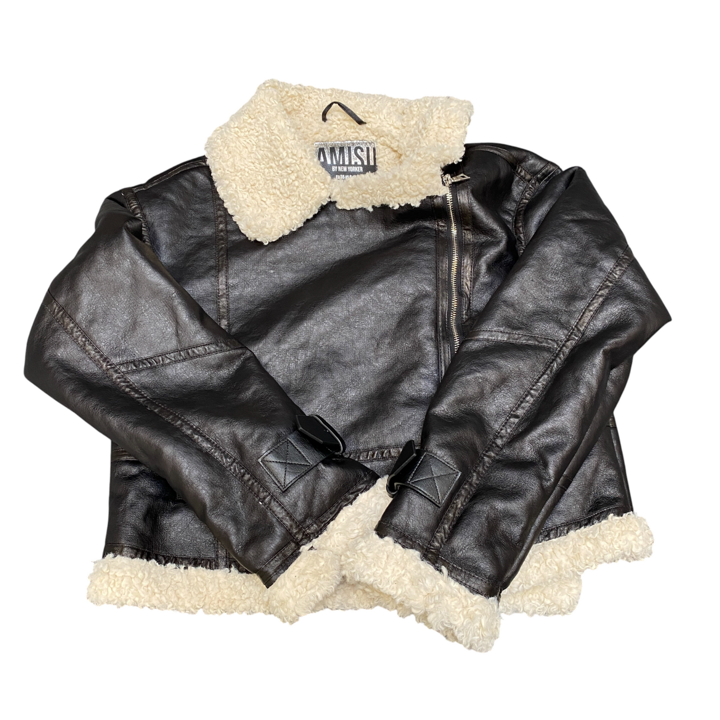 AMISU by New Yorker Leather Motorcycle Jacket Womens M Black Asymmetrical Zip