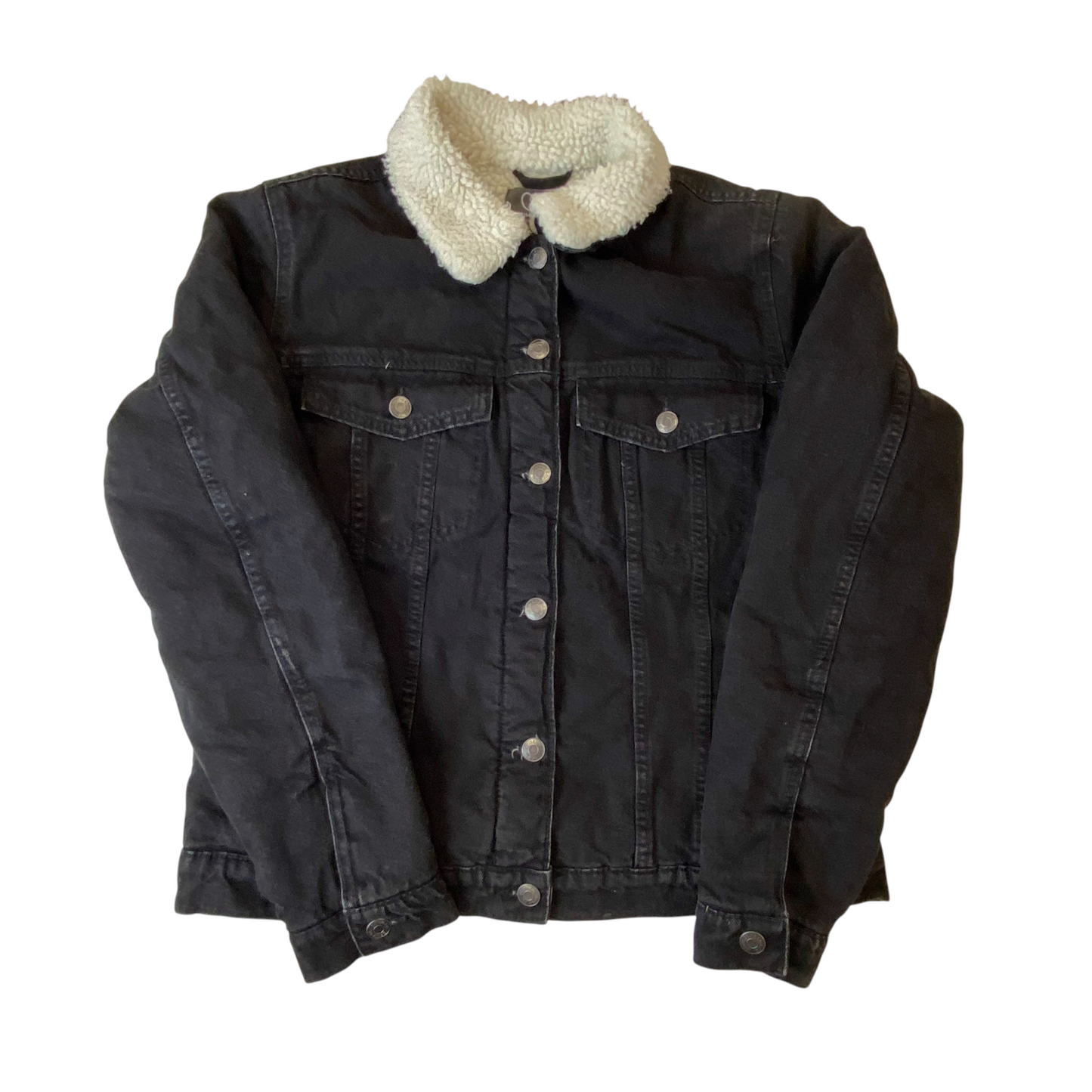 Primark Trucker Jacket Womens Medium Black Sherpa Lined Collared Button Front