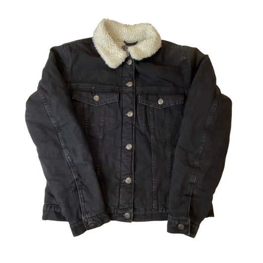 Primark Trucker Jacket Womens Medium Black Sherpa Lined Collared Button Front