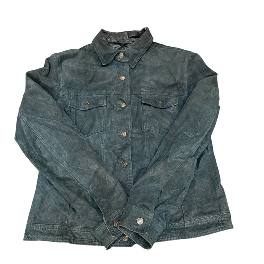 Gate Genuine Leather Jacket Women L Blue Lined Long Sleeve Collared Button Front