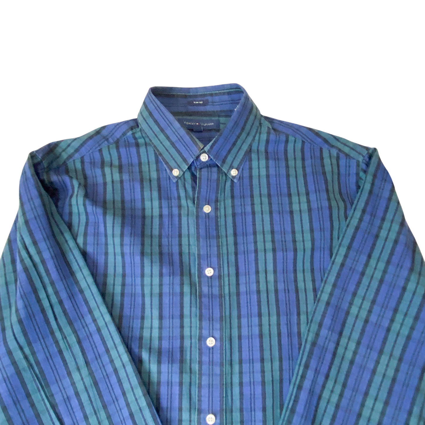 Tommy Hilfiger Shirt Mens M Blue Plaid Slim Fit Long Sleeve Collar Button Down