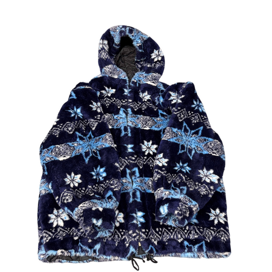 Womens Fleece Jacket Large Navy Quilted Lined Hooded Full Zip Drawstring Hem