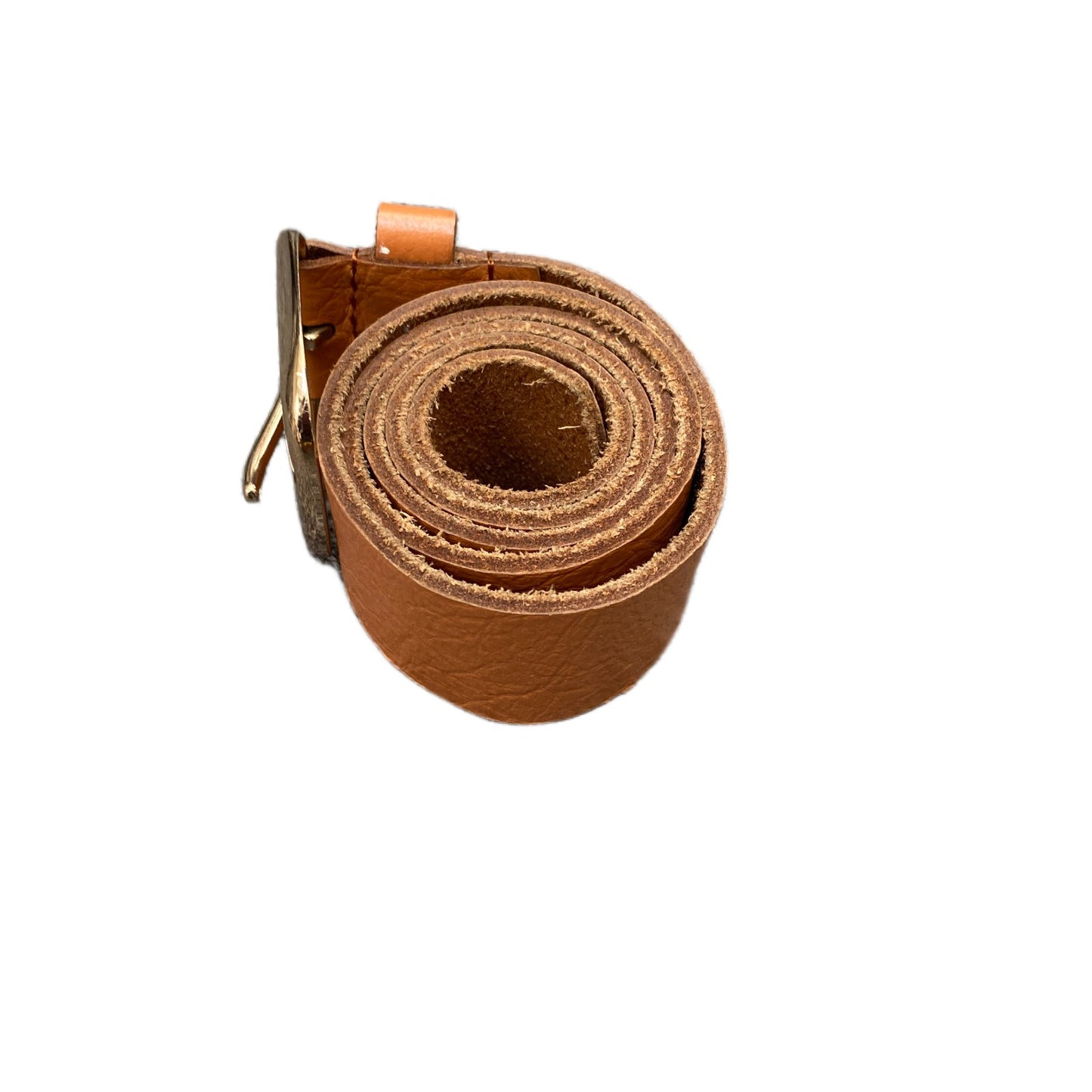 Waist Belt Men Brown Leather MW Logo Adjustable Gold Tone Pin Buckle 32.5 Inches
