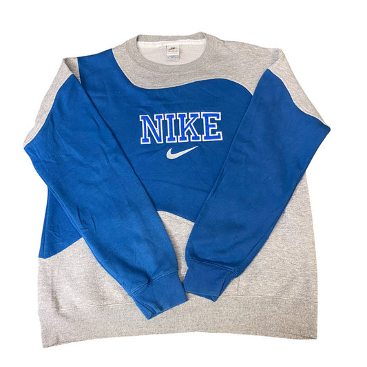 Nike Reworked Sweatshirt Mens L Blue Grey Embroidered Spellout Logo Vintage Y2K