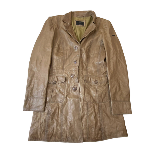 Womens Leather Trench Coat Medium Brown Long Sleeve Notch Lapel Single Breasted