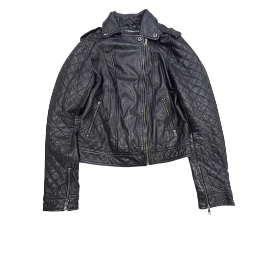 Warehouse Leather Biker Jacket Womens S Black Lined Collared Asymmetrical Zip