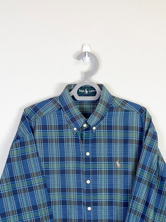 Ralph Lauren Dress Shirt Mens XL Blue Greenish Plaid Small Brown Polo Pony Logo