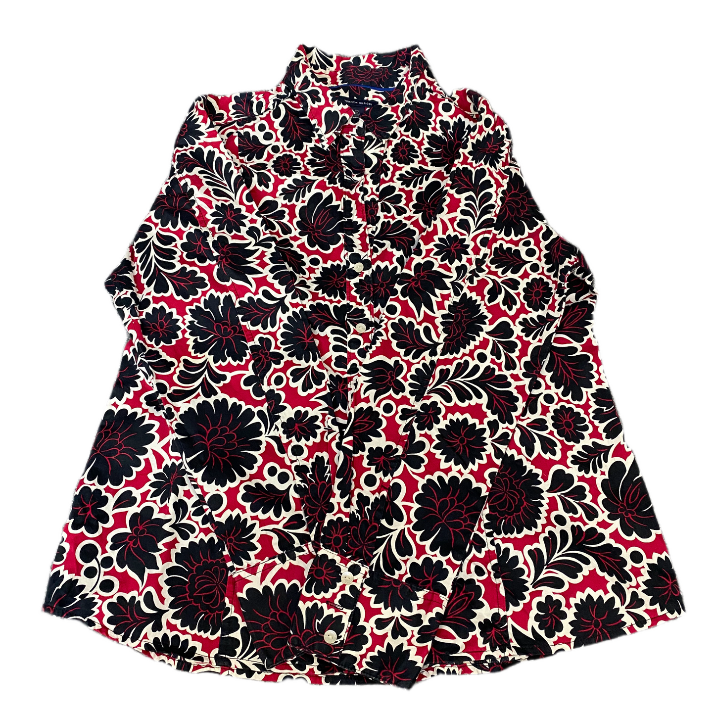 Tommy Hilfiger Shirt Womens L Red Black Floral Long Sleeve Collared Button Up