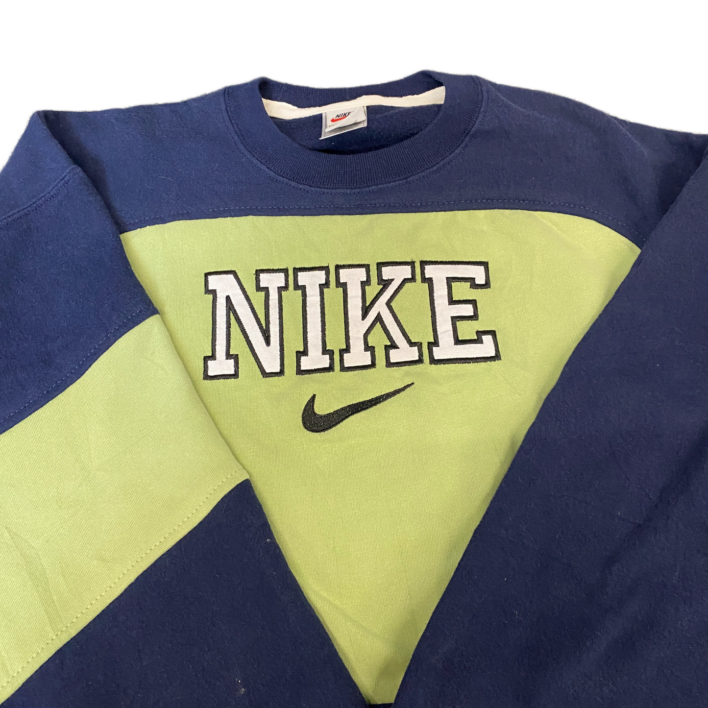 Nike Reworked Sweatshirt Mens L Green Navy Embroidered Spellout Logo Vintage Y2K