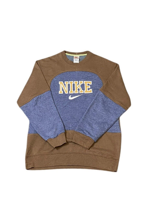 Nike Reworked Sweatshirt Mens Small Brown Blue Spellout Logo Crew Neck Vtg Y2K