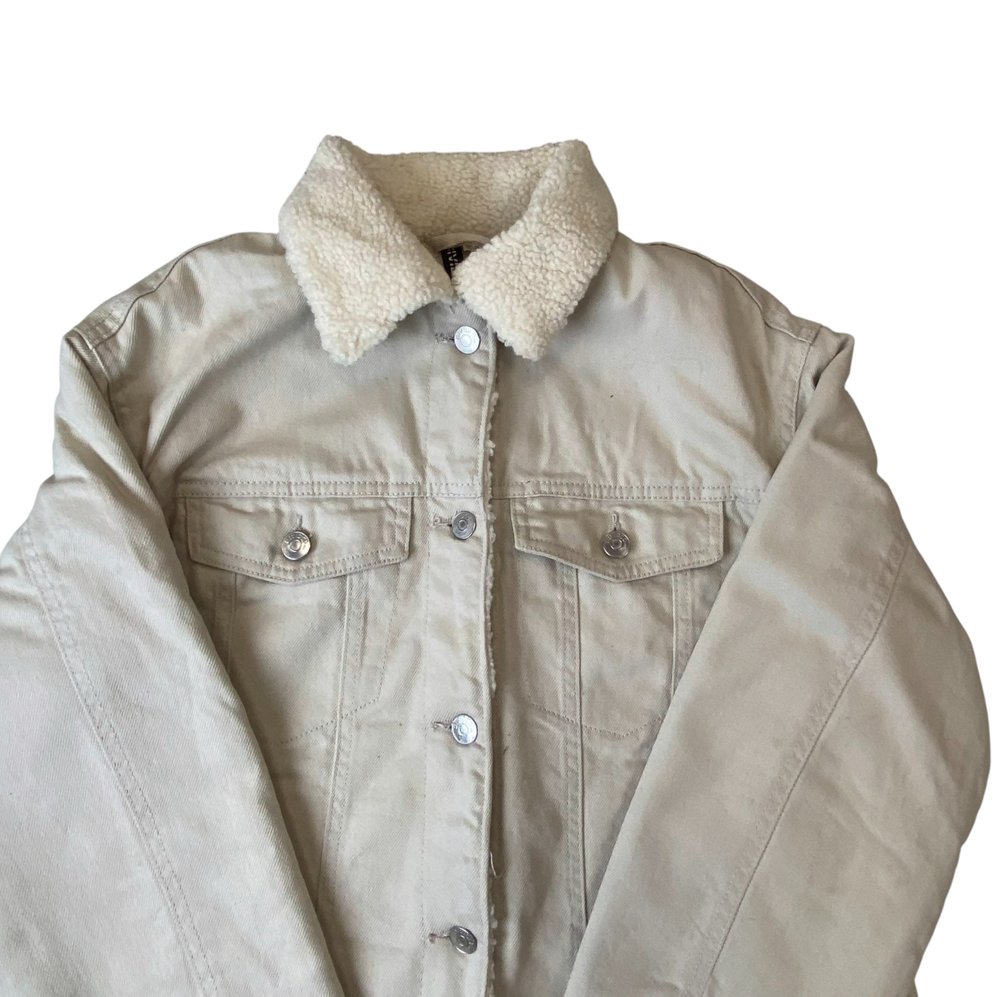 Divided H&M Trucker Jacket Women Medium White Sherpa Lined Collared Button Front