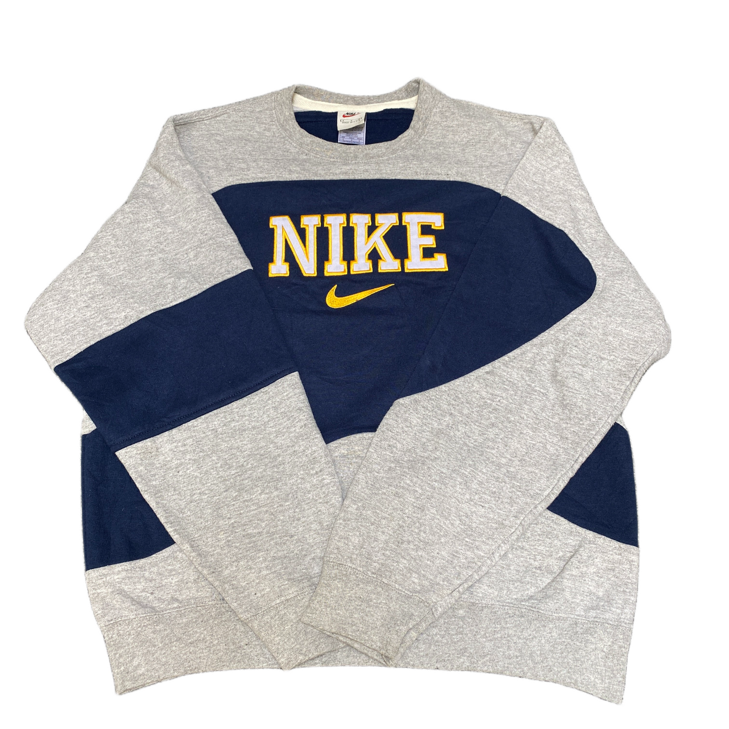 Nike Reworked Sweatshirt Mens S Grey Blue Embroidered Spellout Logo Vintage Y2K
