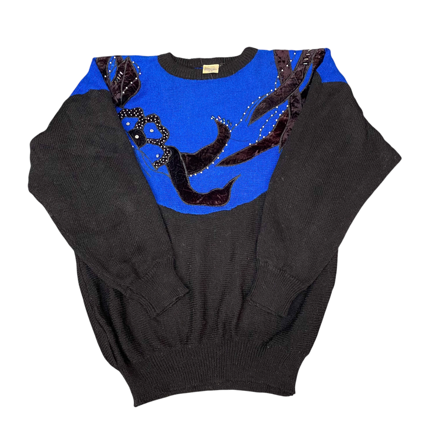 Jumper Womens Medium Blue Black Knit Beaded Embroidered Floral Long Sleeve