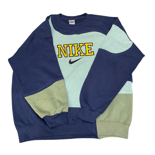 Nike Reworked Sweatshirt Mens L Navy Green Embroidered Spellout Logo Vintage Y2K