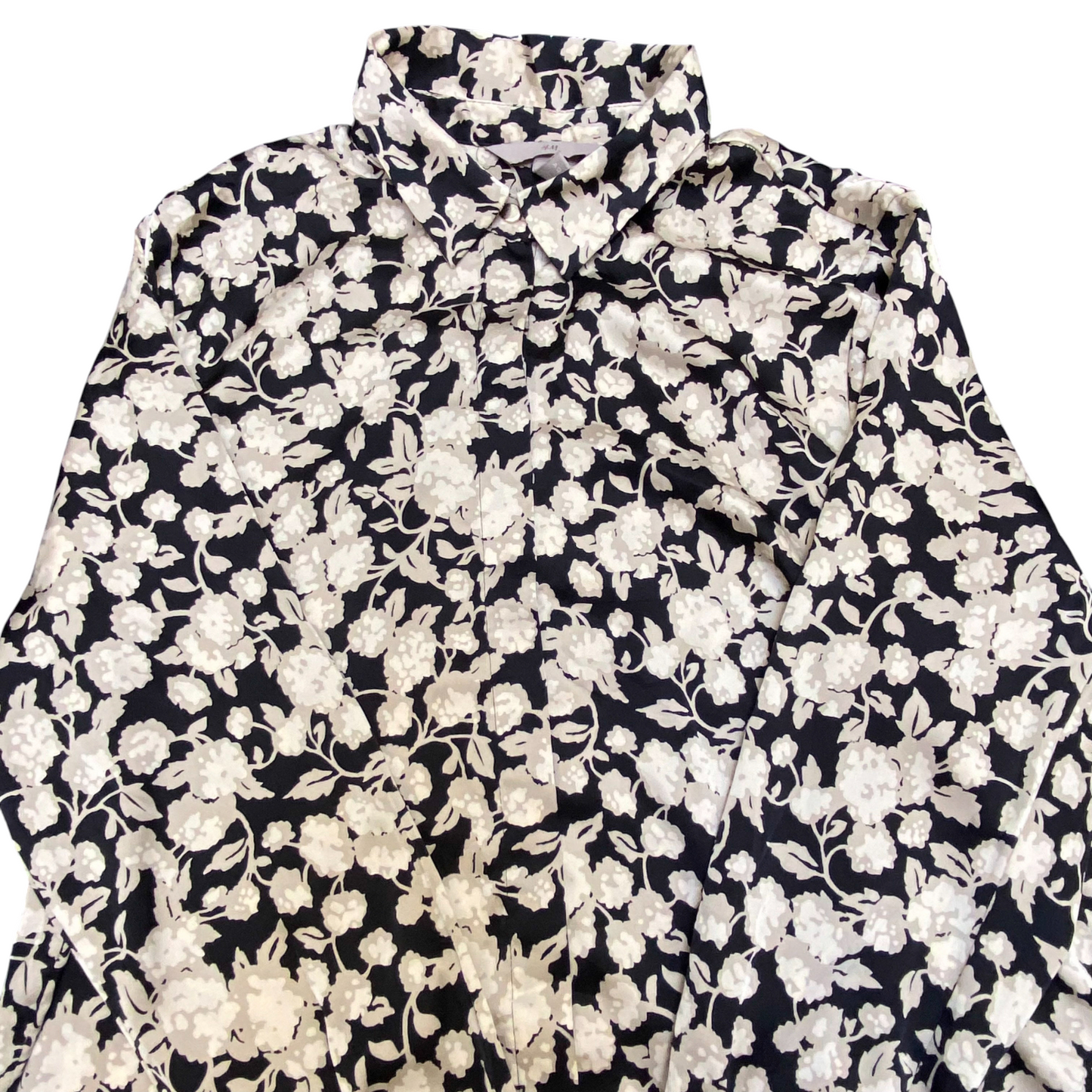 H&M Shirt Top Womens M Black White Floral Long Sleeve Clollared Button Down