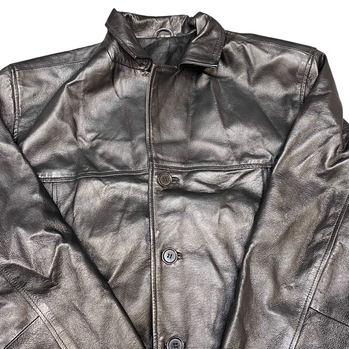 Mens Real Genuine Leather Jacket M Black Lined Long Sleeve Collared Button Front