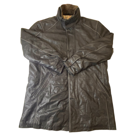 Mens Faux Leather Coat M Black Lined Contrast Stitch Long Sleeve Button Front