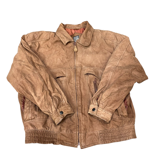 Greg Bell Leather Jacket Mens Large Brown Lined Collared Zip Up Elasticated Hem