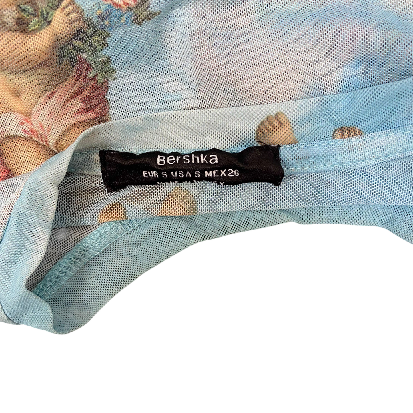 Bershka Top Womens S Blue Mesh Clouds Angel Cherub Short Sleeve Crew Neck