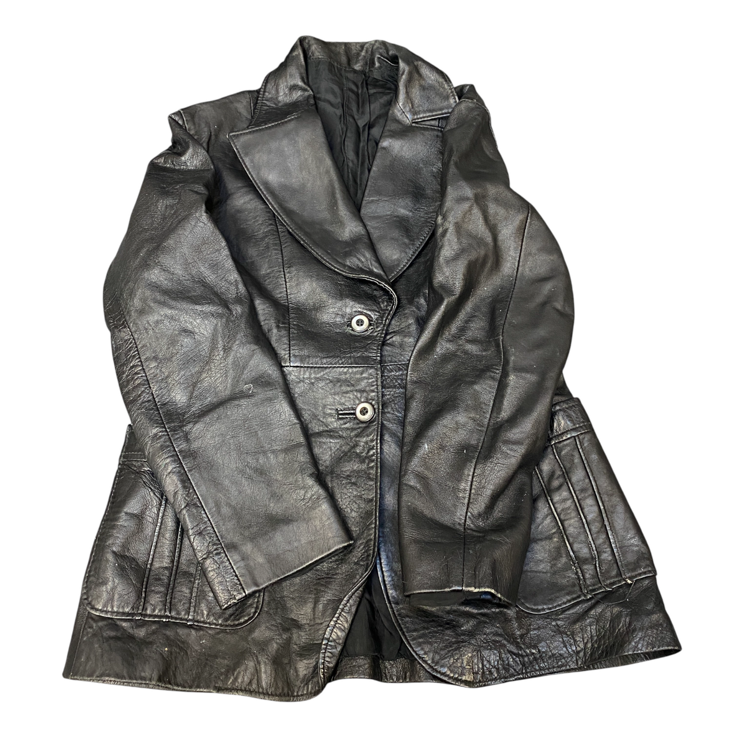 Women Leather Blazer Jacket Medium Black Long Sleeve Notch Lapel Single Breasted