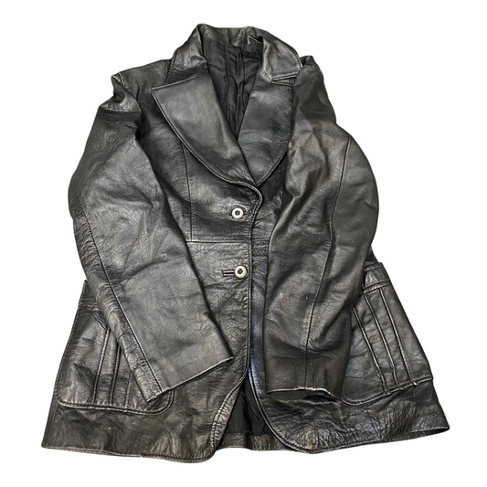 Women Leather Blazer Jacket Medium Black Long Sleeve Notch Lapel Single Breasted