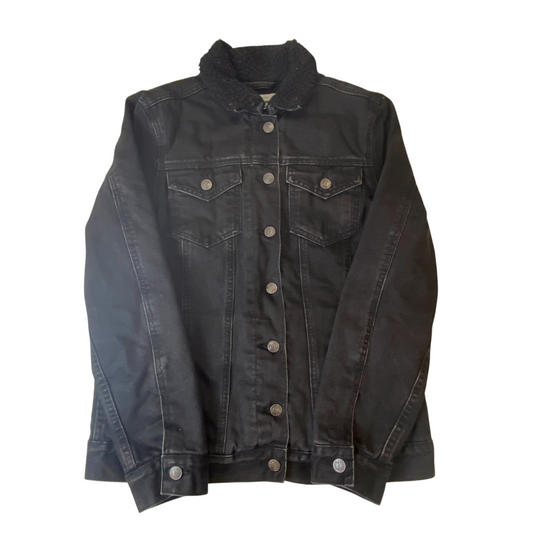 New Look Denim Trucker Jacket Womens M Black Sherpa Lined Collared Button Front