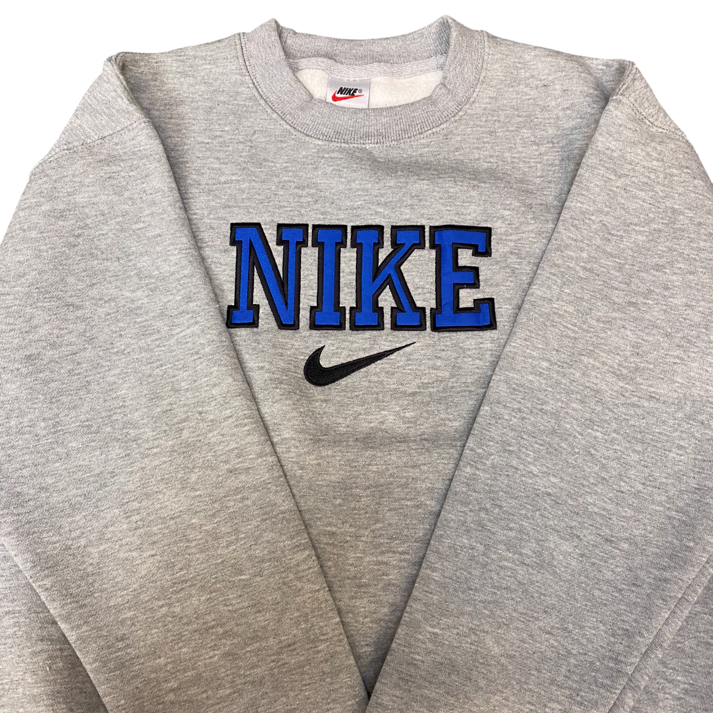 Nike Reworked Sweatshirt Mens Small Grey Embroidered Spellout Logo Vintage Y2K