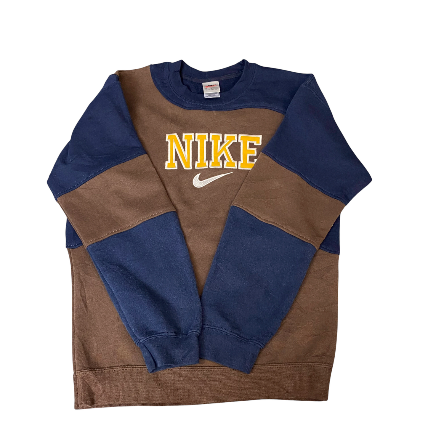 Nike Reworked Sweatshirt Mens M Brown Navy Embroidered Spellout Logo Vintage Y2K