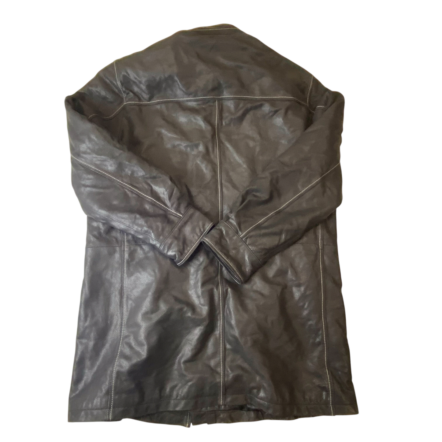 Mens Faux Leather Coat M Black Lined Contrast Stitch Long Sleeve Button Front