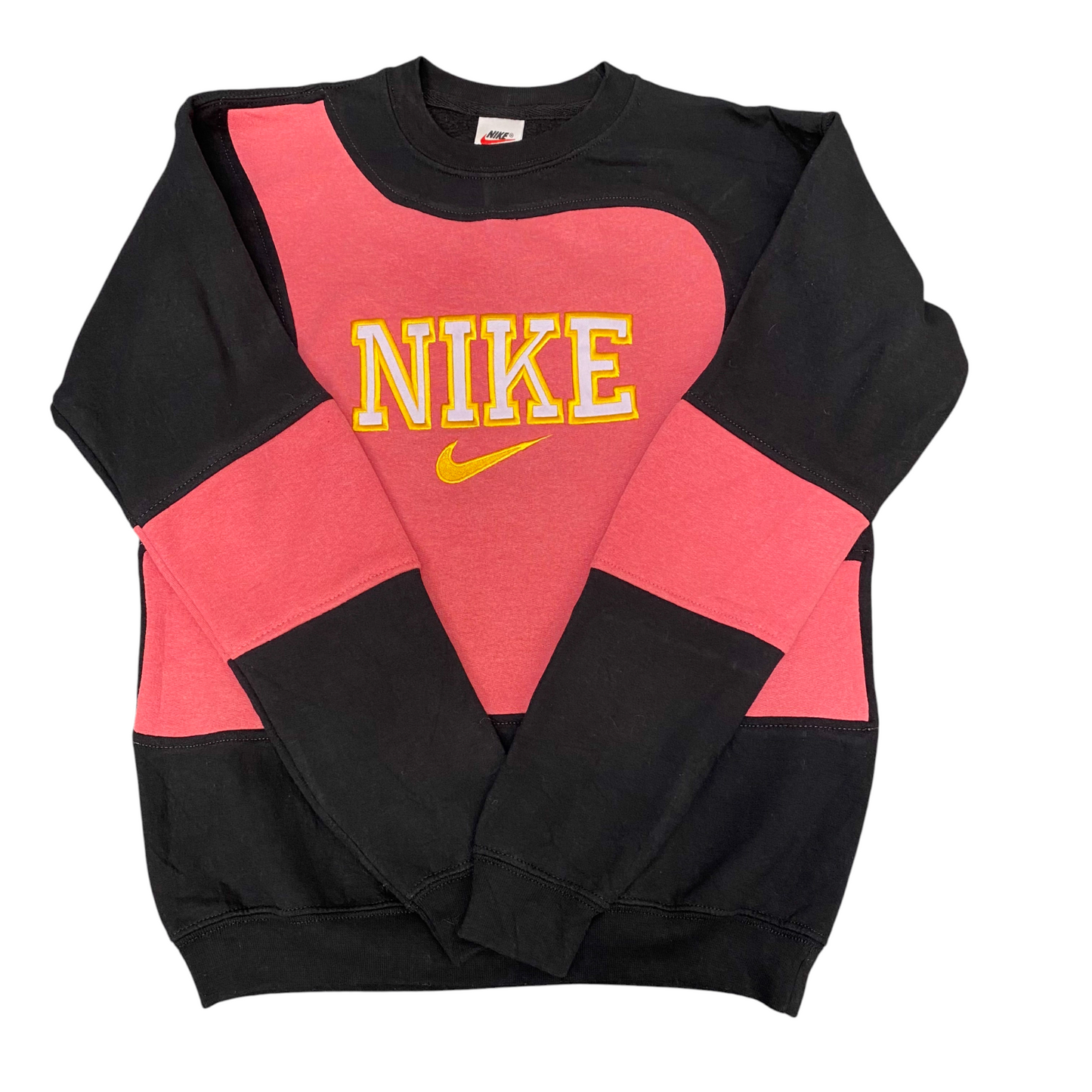 Nike Reworked Sweatshirt Mens S Black Pink Embroidered Spell Out Logo Crew Neck