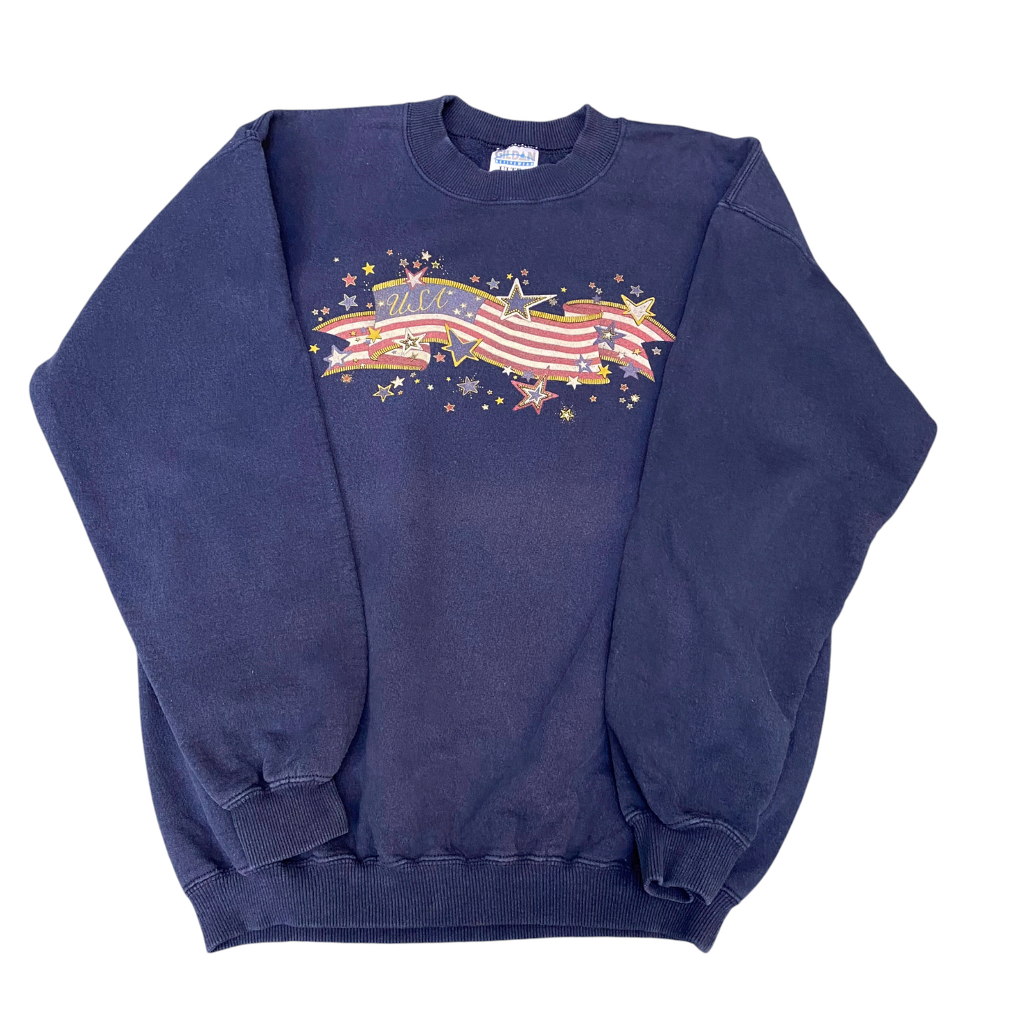 Gildan Sweatshirt Mens Medium Blue Star US Flag Print Crew Neck Long Sleeve