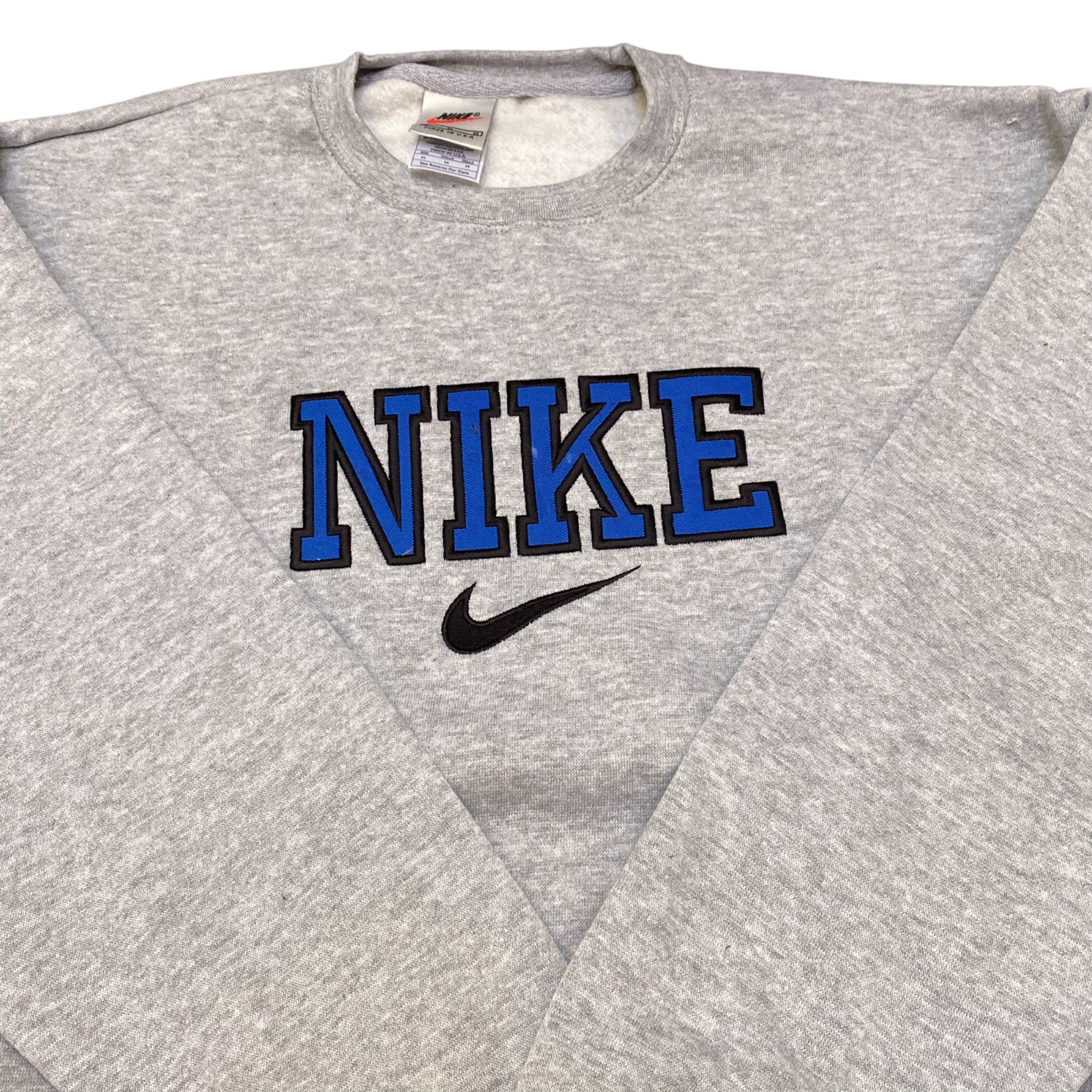Nike Reworked Sweatshirt Mens Medium Grey Embroidered Spellout Logo Crew Neck