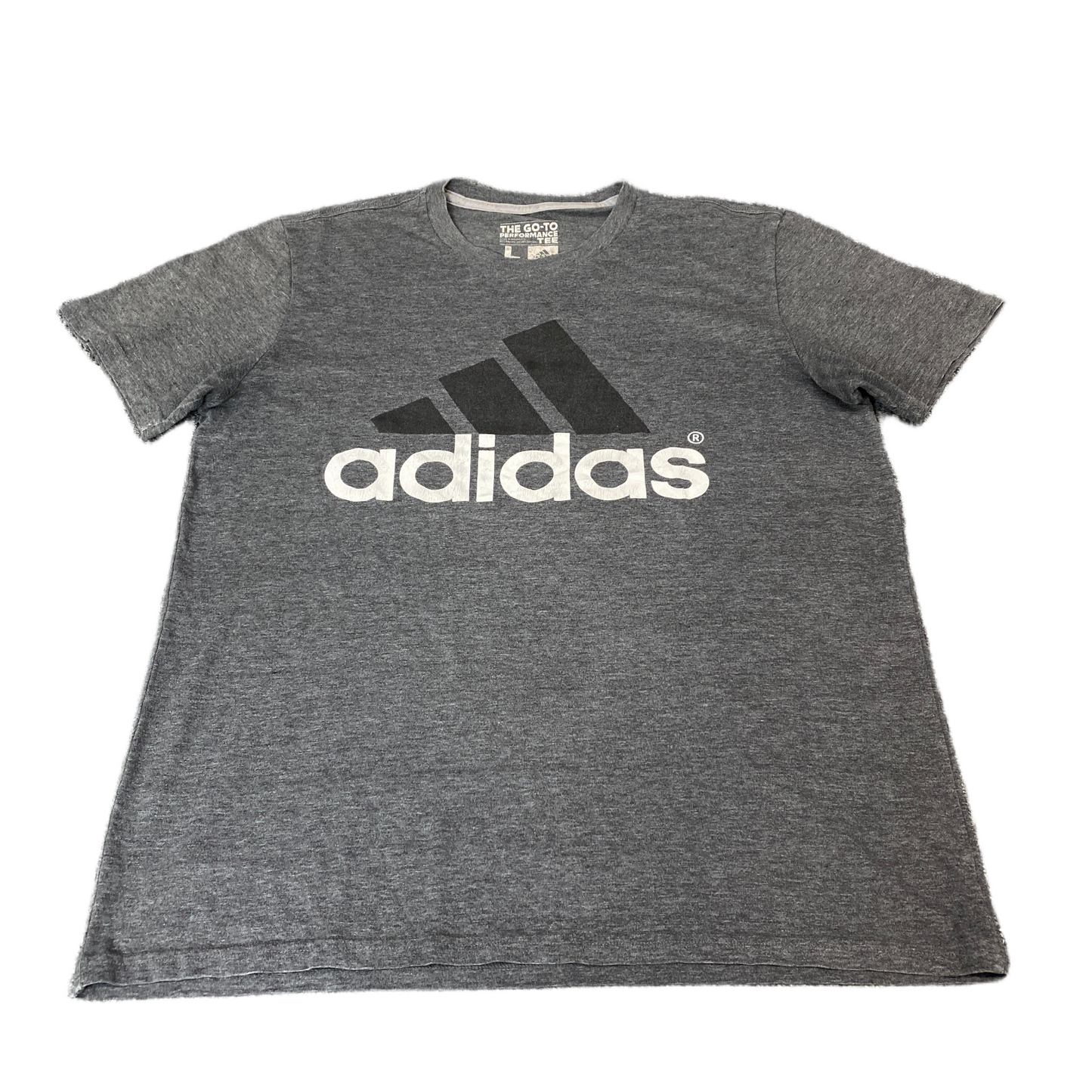 Adidas The Go-To Performance T-Shirt Womens L Grey Heathered Spell Out Logo Tee
