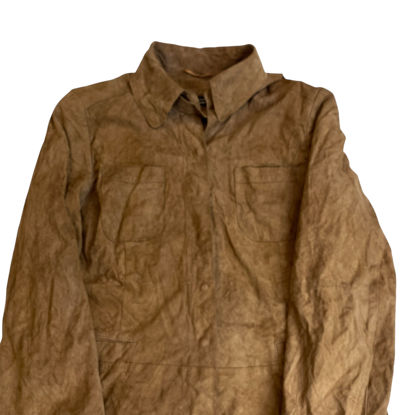 Jacket Womens S Brown Suede Leather Double Chest Pockets Collared Long Sleeve