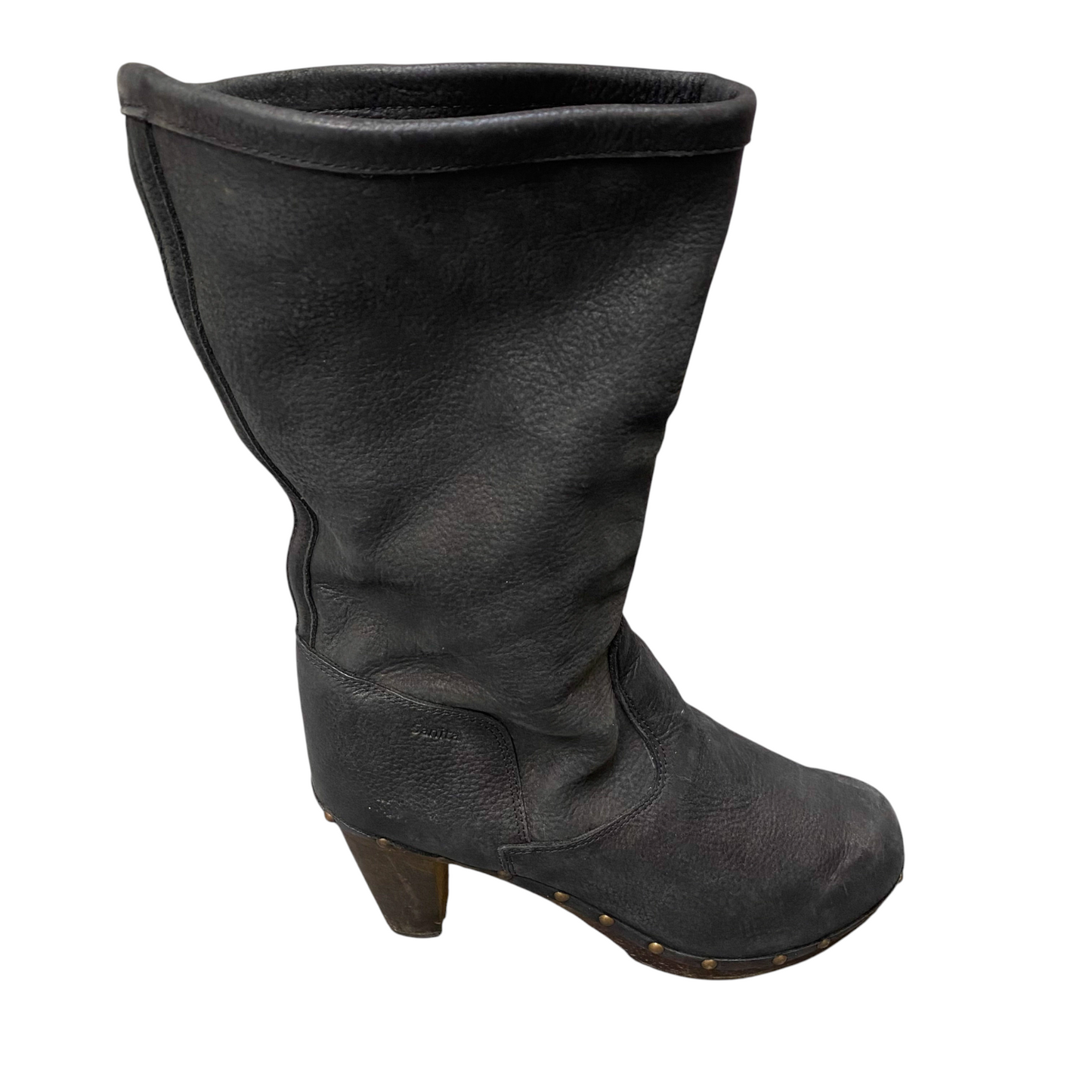 Sanita Booties Womens UK Size 7 Black Leather Studded Mid Calf Round Toe Pull On