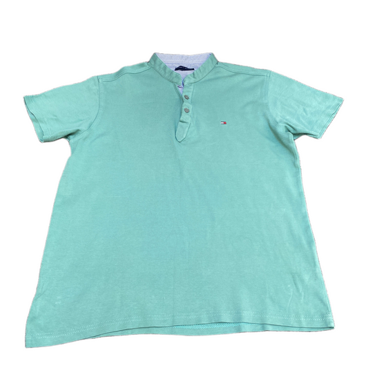Tommy Hilfiger Polo Shirt Mens Large Aqua Golf Performance Logo Mandarin Collar