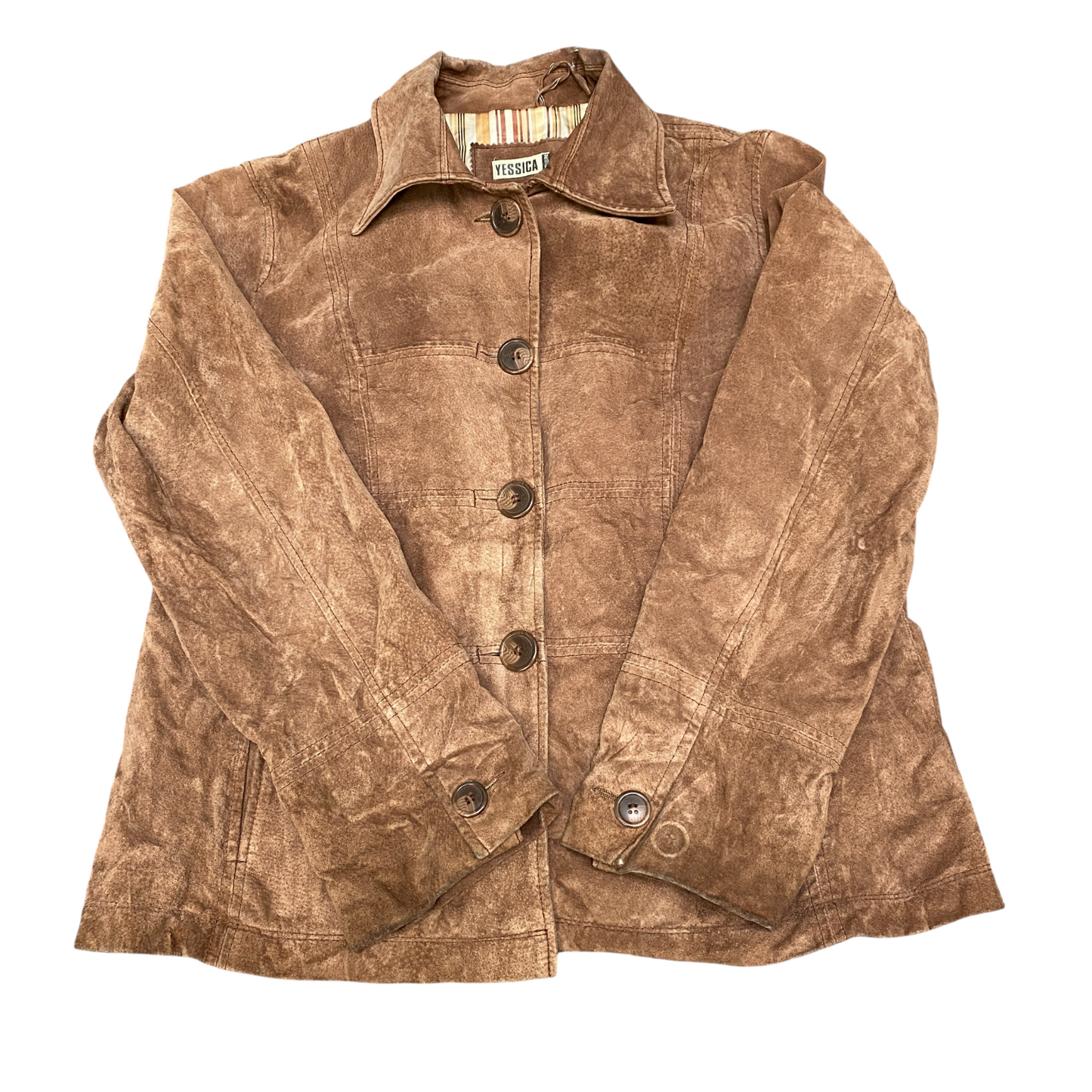 Yessica C&A Leather Jacket Womens Medium Brown Long Sleeve Collared Button Front
