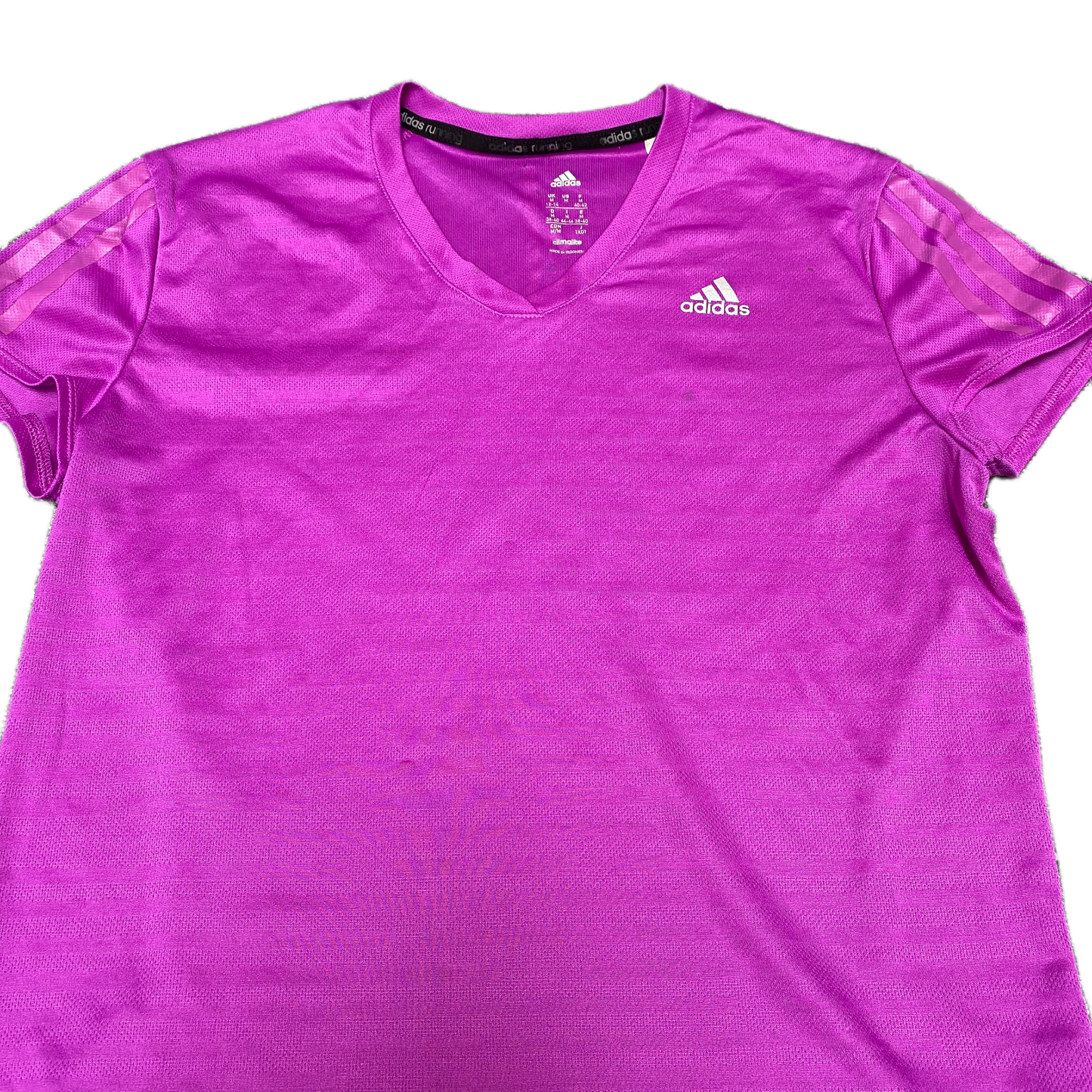 Adidas Climalite T-Shirt Womens Medium Purple 3-Stripes Short Sleeve V Neck Tee