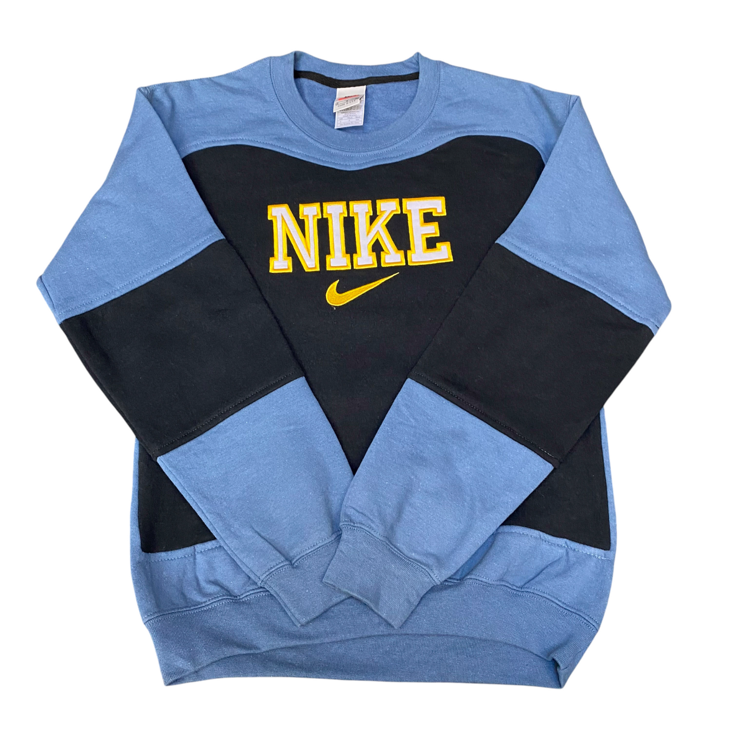 Nike Reworked Sweatshirt Mens Small Blue Black Embroidered Spellout Logo Vtg Y2K
