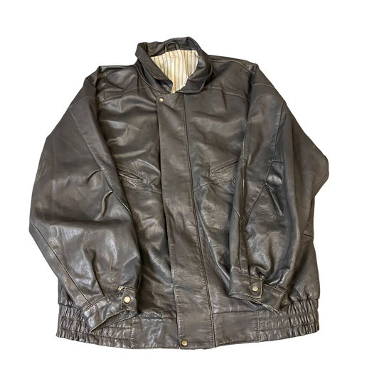 Mens Faux Leather Jacket Large Grey Lined Long Sleeve Collared Snap Inside Zip