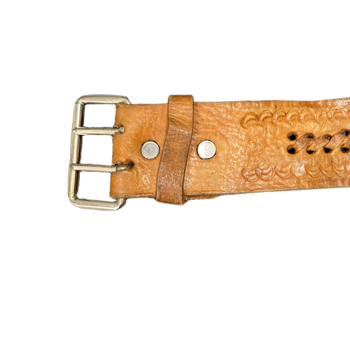 Vintage Western Belt Men Brown Leather Double-prong Silver Buckle 36.5 inches