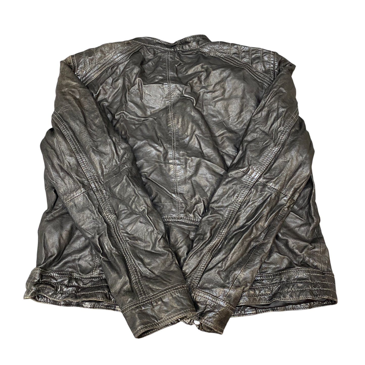 Manguun Collection Genuine Leather Biker Jacket Mens L Black Long Sleeve Zip-Up