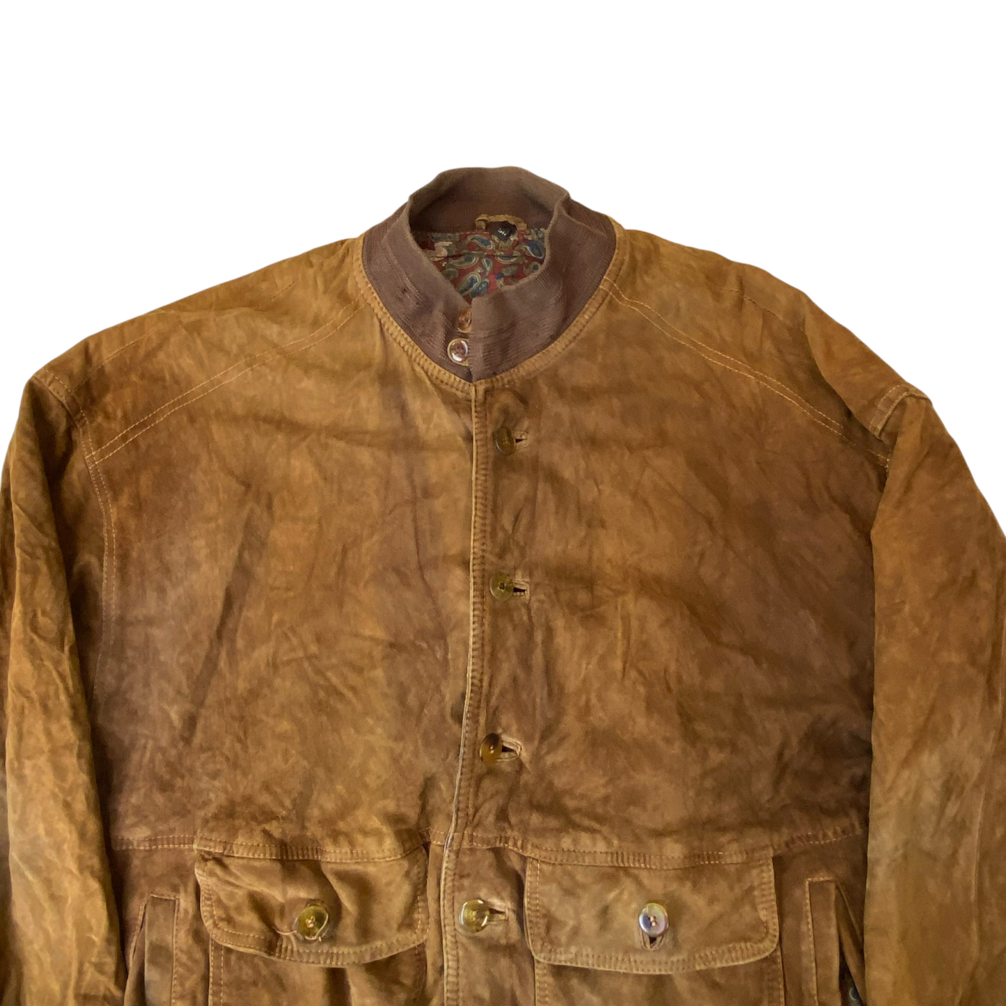 Bomber Jacket Mens Large Brown Suede Leather Pockets Long Sleeve Button Front