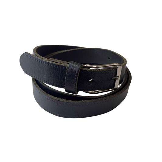 Mens Dress Belt Black Leather Silver Adjustable Buckle Casual Strap Size 45 in
