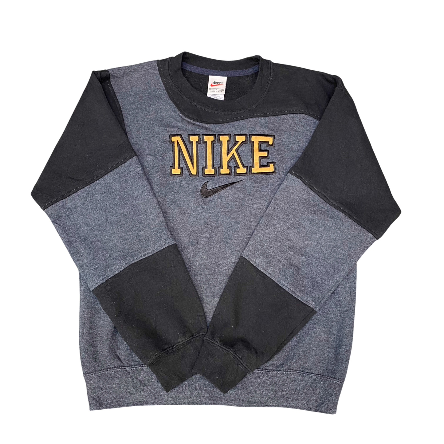 Nike Reworked Sweatshirt Mens Small Grey Black Embroidered Spell Out Logo Y2K
