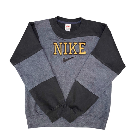 Nike Reworked Sweatshirt Mens Small Grey Black Embroidered Spell Out Logo Y2K