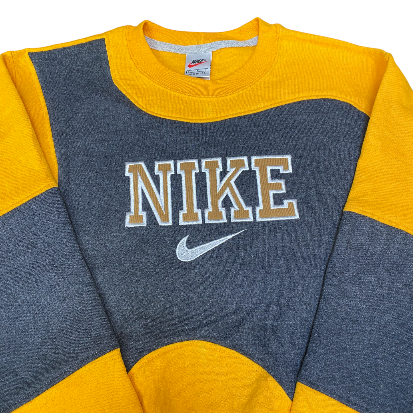 Nike Reworked Sweatshirt Mens S Yellow Black Embroidered Spellout Logo Vtg Y2K