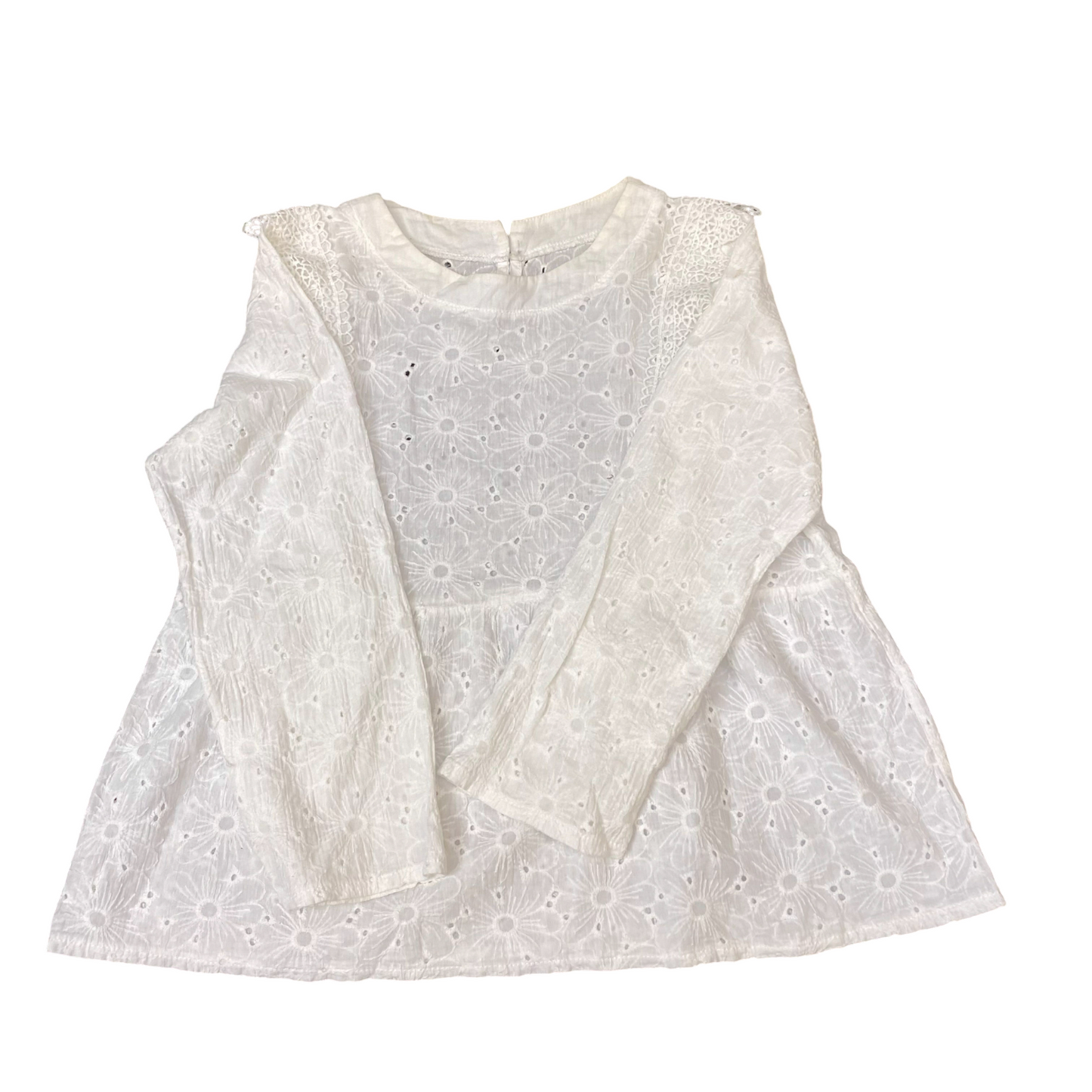Blouse Top Womens S White Lace Floral Long Sleeve Round Neck Keyhole Back